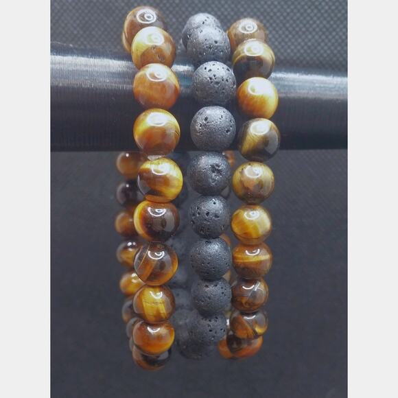 Gemstone Bracelet Tigers Eye Set of 3 Black Lava 8mm Beaded Handmade Stretch NEW - Picture 10 of 13